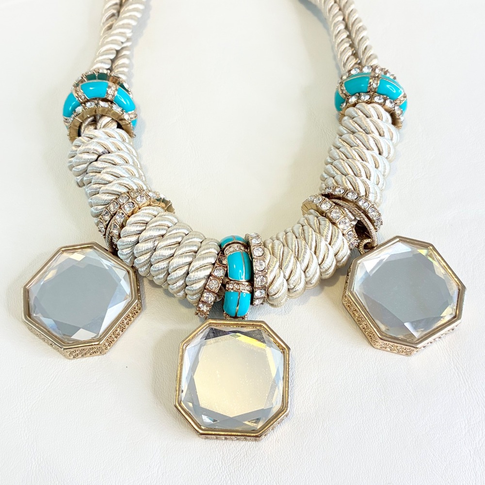 Chunky Statement Rope Necklace Rhinestone Faceted Mirror Pendants Gold Tone